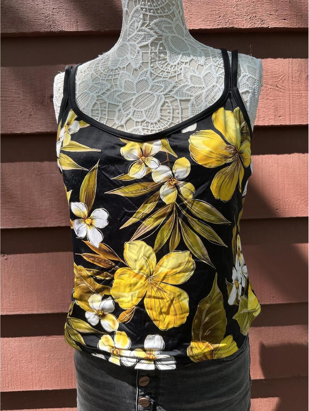 White Stag Floral Yellow and Black Tropical Print Tankini Top